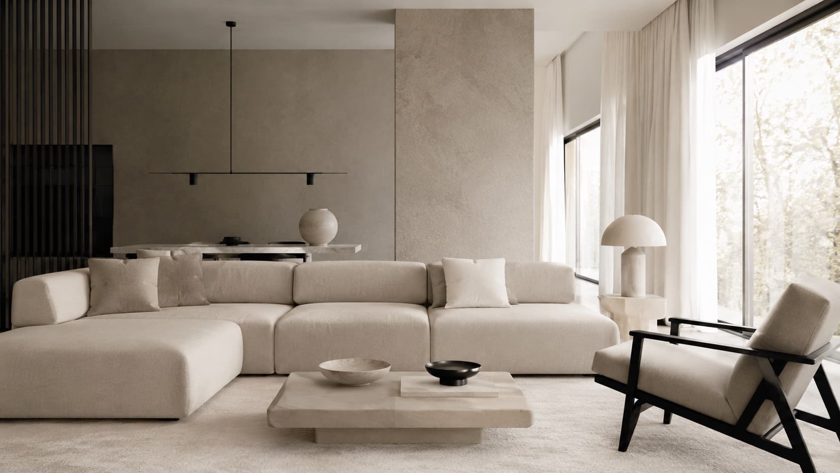 Minimalist beige living room with modular sofa, designed by RAVA Interiors